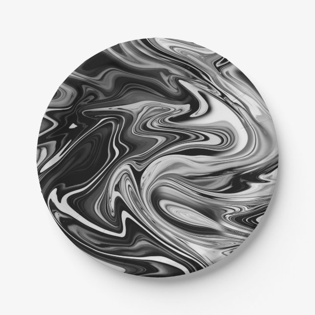 Assiettes En Carton Marbre élégant 7 - liquide noir et blanc (Devant)