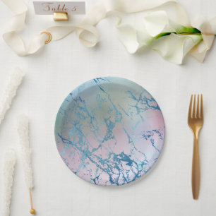 Assiettes En Carton Marbre Iridescente   Tendance Faux Holo bleu rose