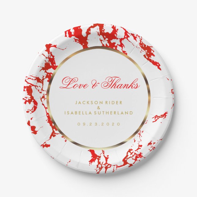 Assiettes En Carton Marbre rouge, or et blanc (Devant)
