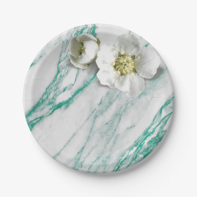 Assiettes En Carton Marbre Tiffany Mint Emerald Blanc Jasmine Parties  (Devant)