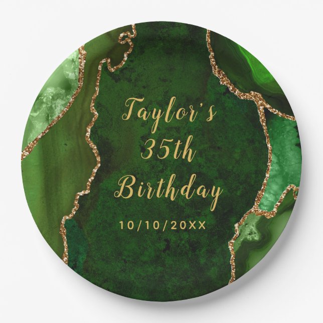Assiettes En Carton Marbre vert et or Agate Anniversaire (Devant)