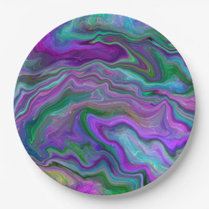 Assiettes En Carton Marbre violet, vert et bleu Fluid Art