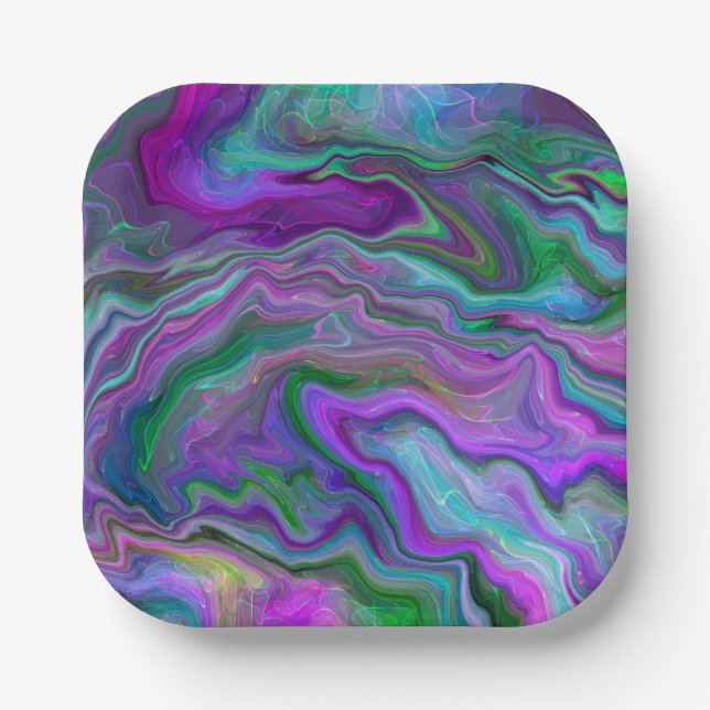 Assiettes En Carton Marbre violet, vert et bleu Fluid Art (Recto)