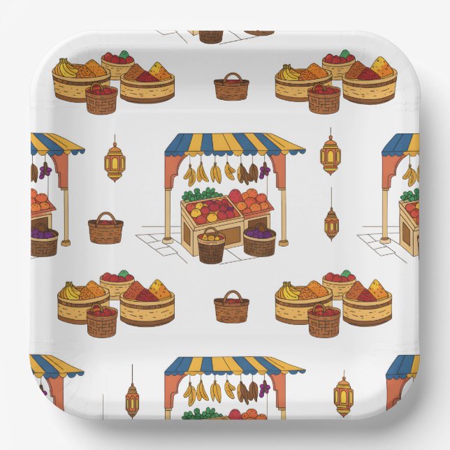 Assiettes En Carton Marché marocain & Fruits Motif (Recto)