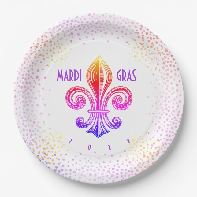 Assiettes En Carton Mardi Gras Arc-en-ciel Fleur De Lis avec Confetti (Devant)