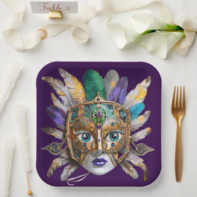 Assiettes En Carton Mardi Gras Météo et Masque Métal (Mariage)