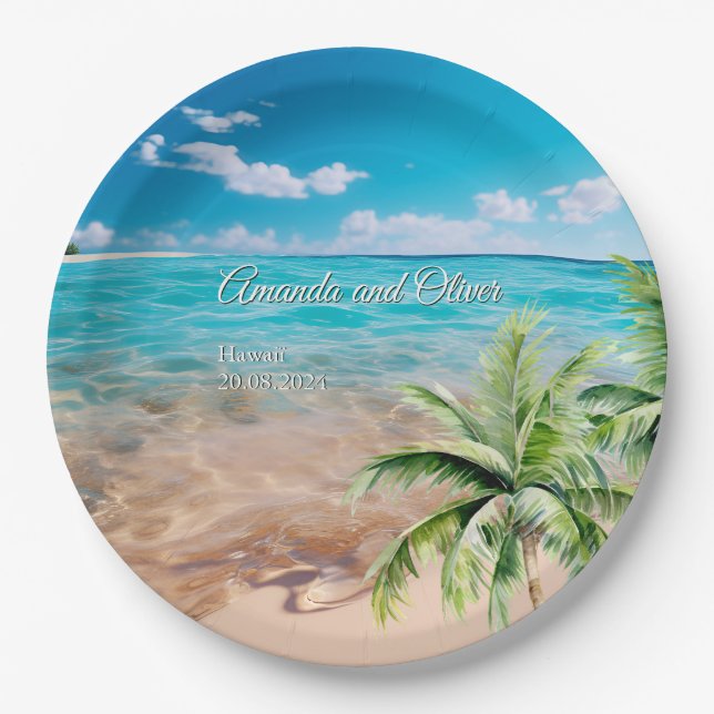 Assiettes En Carton Marées Turquoise Tropical Palm Tree Beach Mariage (Devant)