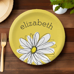 Assiettes En Carton Marguerite lunaire jaune et blanc avec texte perso