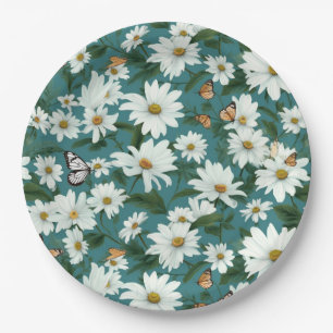 Assiettes En Carton Marguerites blanches et papillons