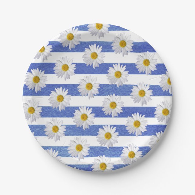 Assiettes En Carton marguerites blanches sur bande d'aquarelle bleue (Devant)