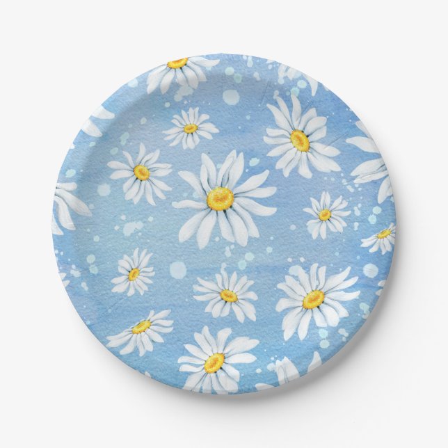 Assiettes En Carton Marguerites blanches sur le bleu (Devant)