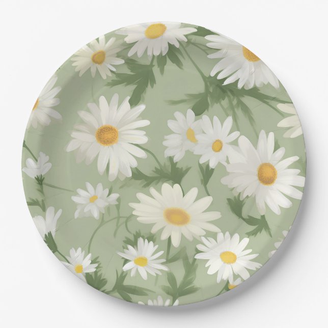 Assiettes En Carton Marguerites blanches sur vert (Devant)