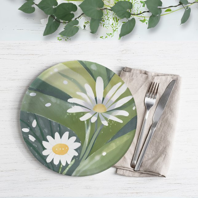 Assiettes En Carton Marguerites de printemps | Jardin floral blanc aqu (Créateur téléchargé)