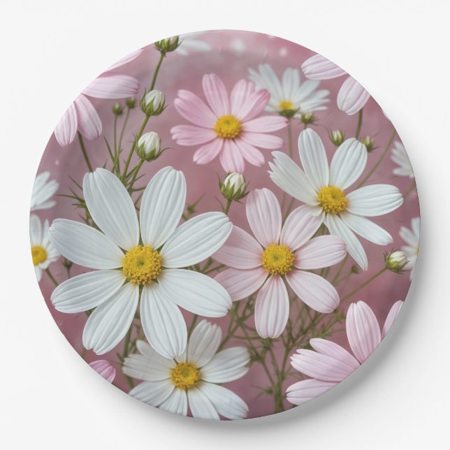 Assiettes En Carton Marguerites roses et blanches d'été (Devant)