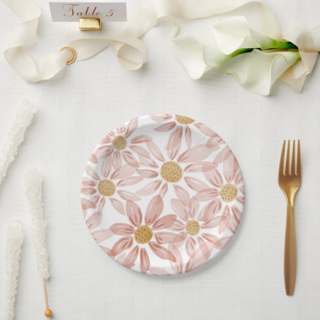 Assiettes En Carton Marguerites sauvages de Boho rose (Mariage)