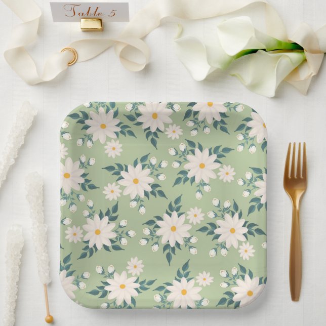 Assiettes En Carton Marguerites sur l'Arrière - plan vert Pastel (Mariage)