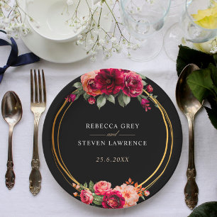 Assiettes En Carton Mariage à fleurs noir rouge chic