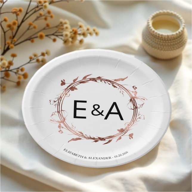 Assiettes En Carton Mariage à huile d'or Rose de monogramme (Créateur téléchargé)