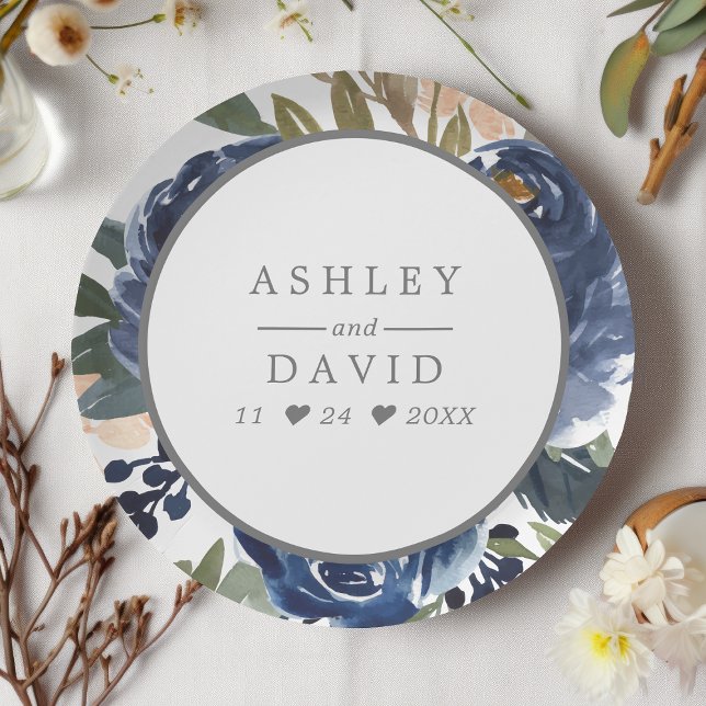 Assiettes En Carton Mariage à l'aquarelle à motif floral bleu marine (Créateur téléchargé)