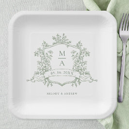 Assiettes En Carton Mariage à Monogramme Élégant Vert Sage Fleuron