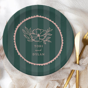 Assiettes En Carton Mariage à rayures florales vertes
