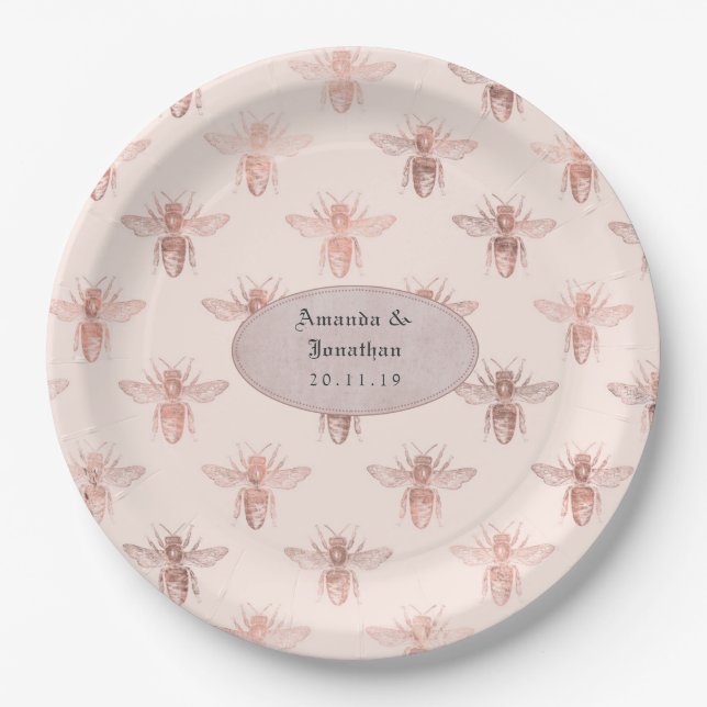 Assiettes En Carton Mariage Abeilles Rose Gold et Blush (Devant)