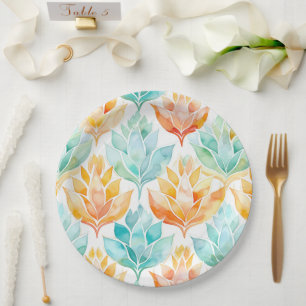 Assiettes En Carton Mariage Abstrait floral turquoise Tangerine