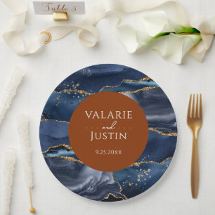 Assiettes En Carton Mariage Agate Bleu & Orange