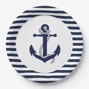 Assiettes En Carton Mariage Ancre à rayures bleu et blanc de la marine