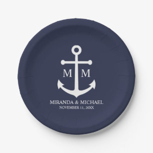 Assiettes En Carton Mariage Ancre bleu marine