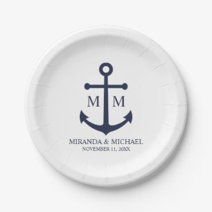 Assiettes En Carton Mariage Ancre bleu marine