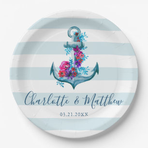 Assiettes En Carton Mariage Ancre d'aquarelle bleu marine