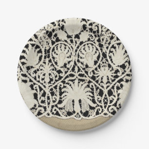 Assiettes En Carton Mariage Antique Dentelle Lin Blanc Classique Joli