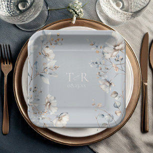 Assiettes En Carton Mariage Aquarelle Fleur sauvage Delicate Blue ID11