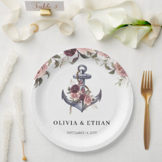 Assiettes En Carton Mariage aquarelle florale et ancre nautique