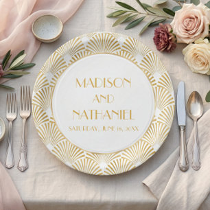 Assiettes En Carton Mariage Art Déco Géométrique Élégant Or Blanc