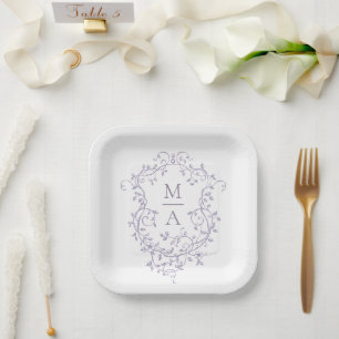 Assiettes En Carton Mariage au Monogramme Classique Crête Fleurie de L
