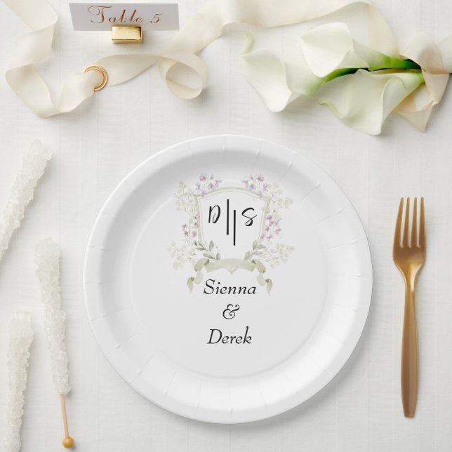 Assiettes En Carton Mariage au monogramme de fleurs sauvages crépuscul (Mariage)
