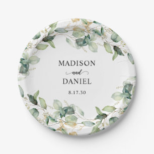 Assiettes En Carton Mariage aux feuilles d'eucalyptus dorées