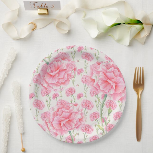 Assiettes En Carton Mariage aux Œillets Roses  (Mariage)