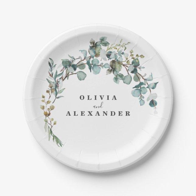 Assiettes En Carton Mariage avec verdure d'eucalyptus (Devant)