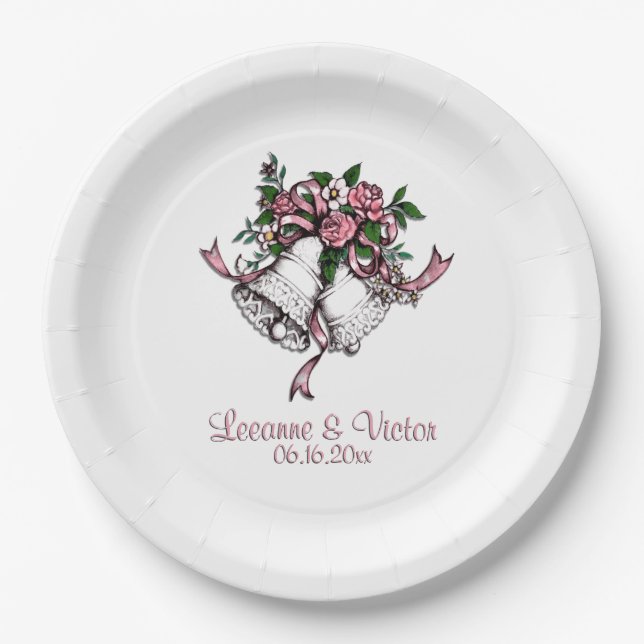 Assiettes En Carton Mariage Bells Pink Names Date Personnalisée (Devant)