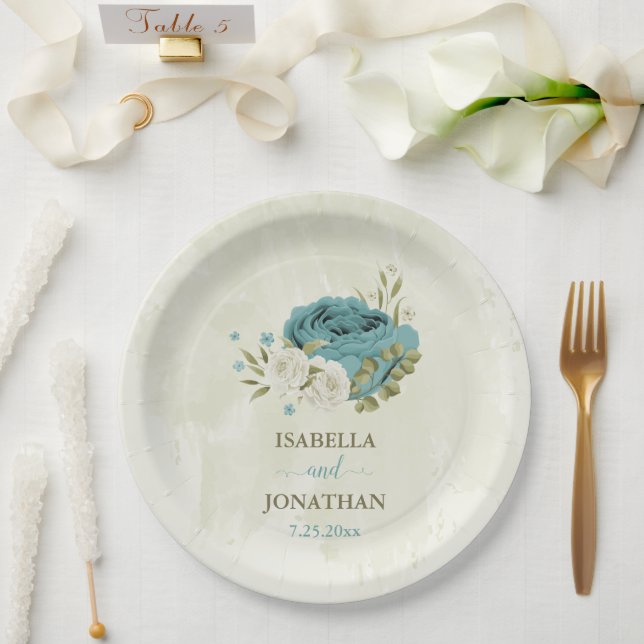 Assiettes En Carton mariage bleu blanc fleurs verdure (Mariage)