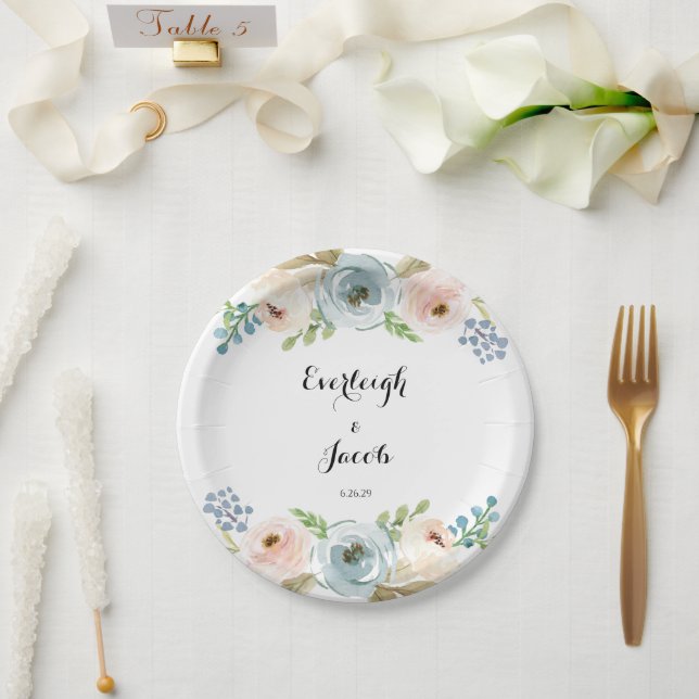Assiettes En Carton Mariage bleu et rose pâle (Mariage)