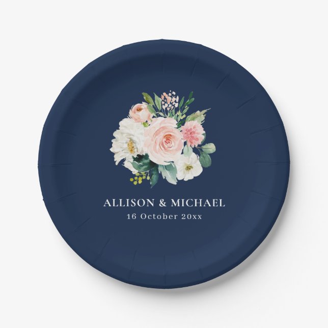 Assiettes En Carton mariage bleu marine floral (Devant)