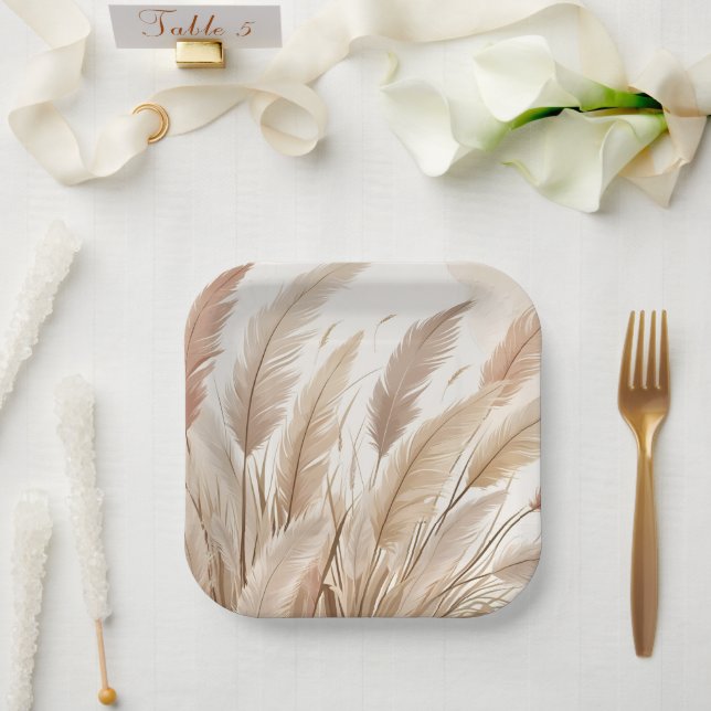 Assiettes En Carton Mariage Bohème Beige Herbe de Pampas (Mariage)
