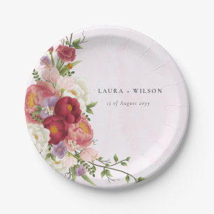 Assiettes En Carton Mariage Boho rouge rose vif Fleurs blanches