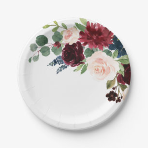 Assiettes En Carton Mariage botanique bleu de Bourgogne rose pâle