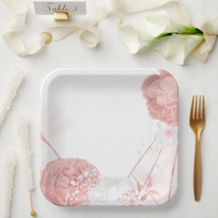 Assiettes En Carton mariage botanique de fleurs rose et blanche