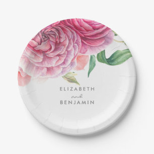 Assiettes En Carton Mariage botanique élégant d'aquarelle florale rose